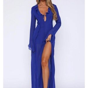 White Fox Boutique Royal Blue Ruffle Tie-Front Maxi Dress